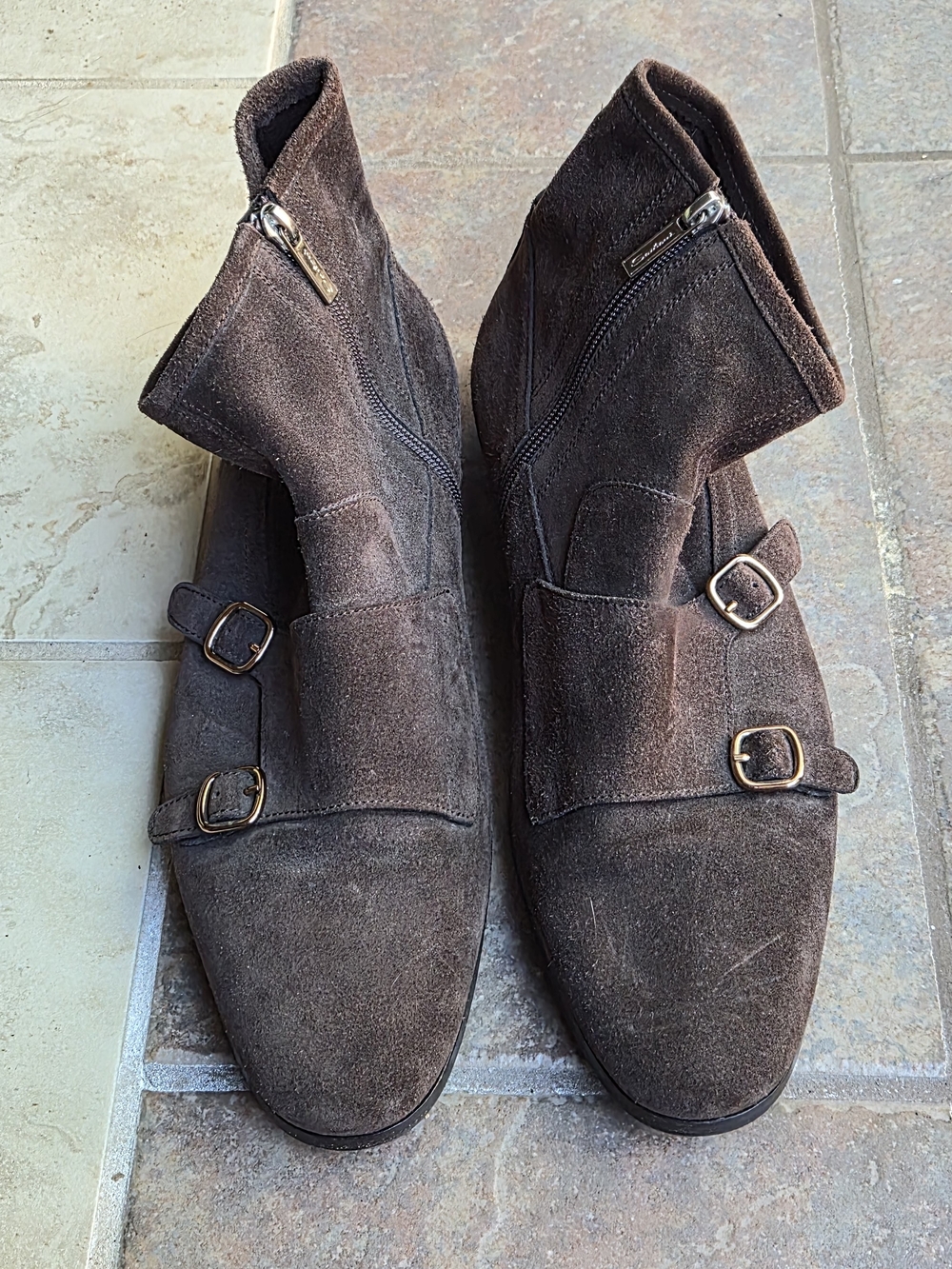 Santoni Handmade Brown Suede Double Monk Strap Ankle Boots With Zipper